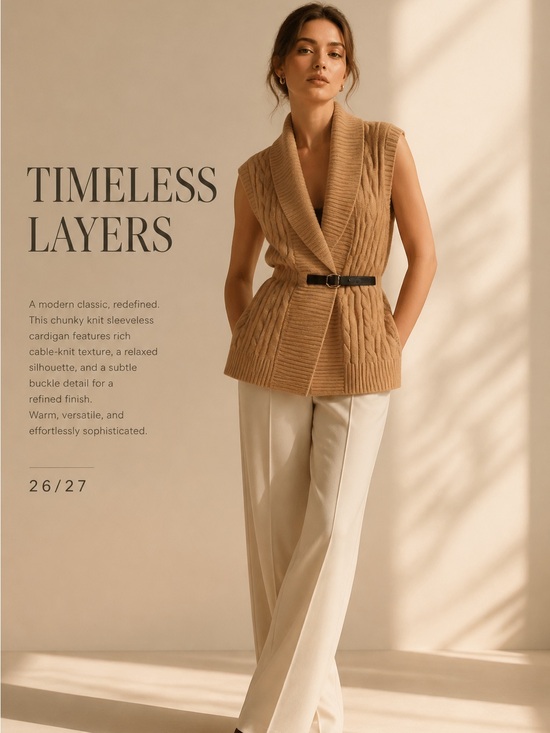 Lauren Ralph Lauren Sweaters - Lauren Ralph Lauren Camel Cable Knit Belted Sleeveless Cardigan Vest - XL